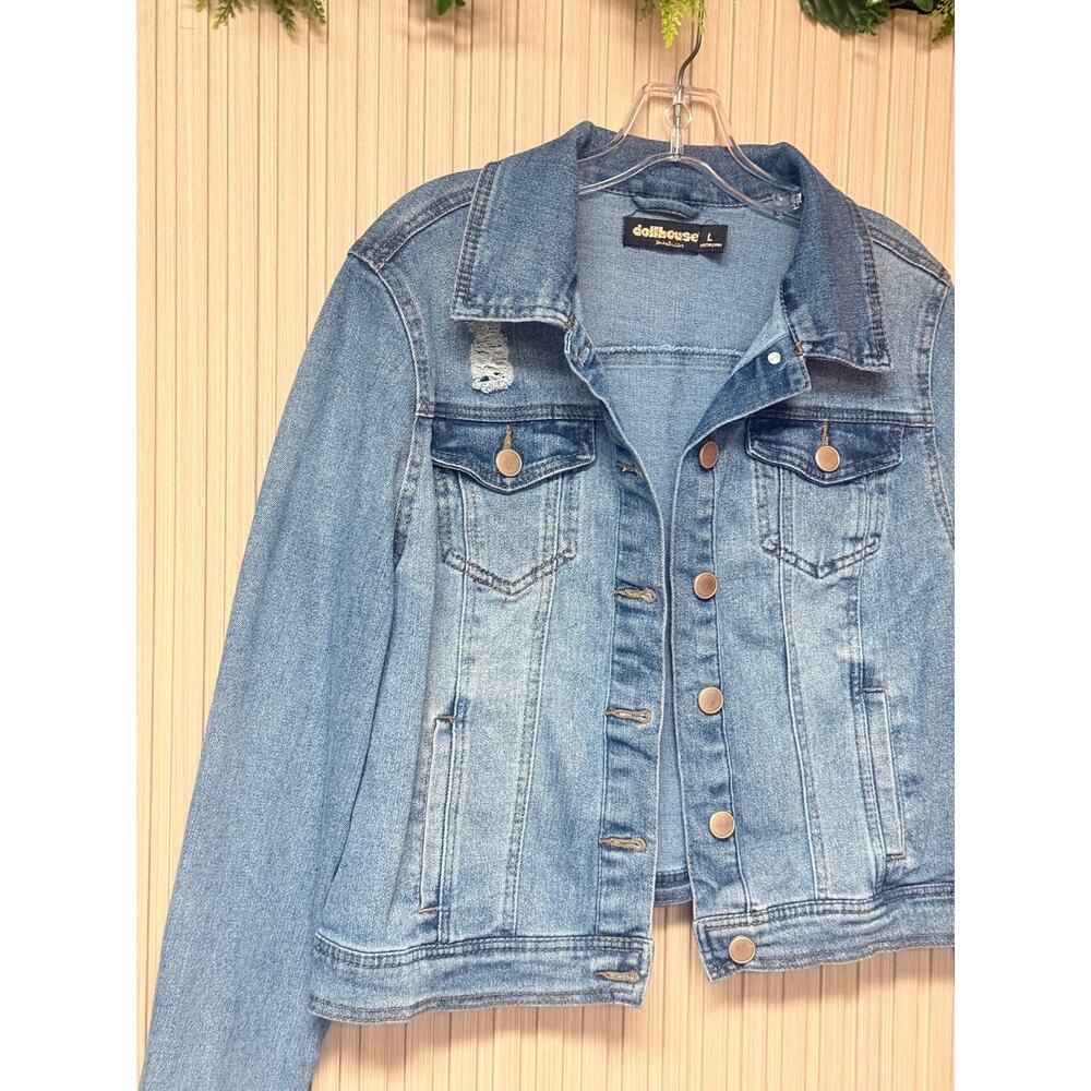 Dollhouse Distressed Denim Trucker Jacket Women's Size L - Picture 10 of 10